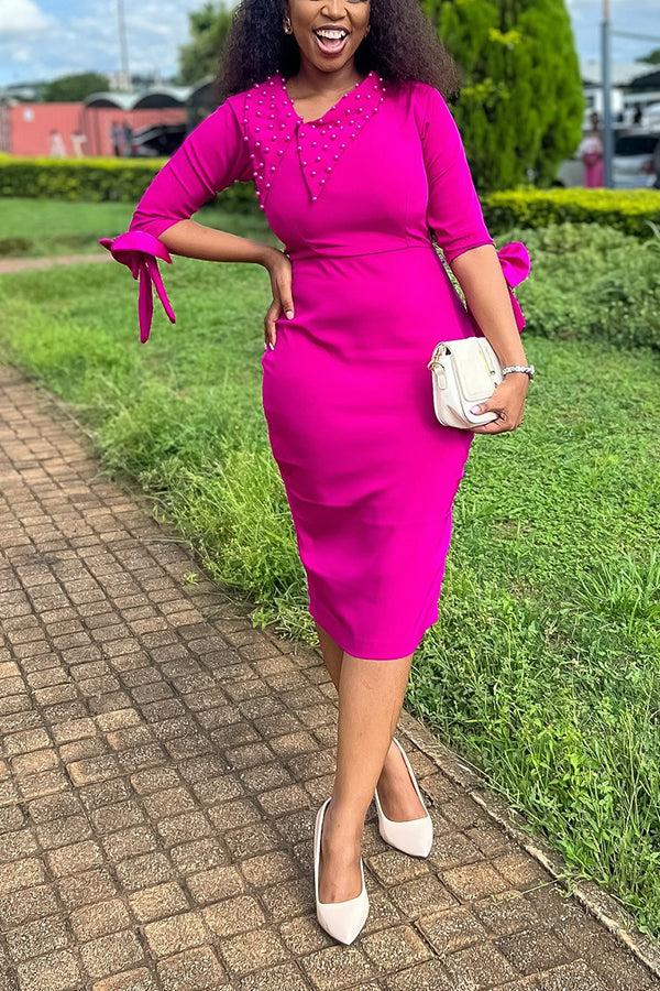 Elegant Pearl Embellished Bow Sleeve Dress
