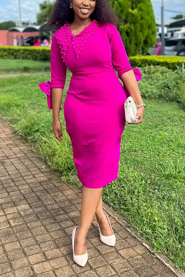 Elegant Pearl Embellished Bow Sleeve Dress