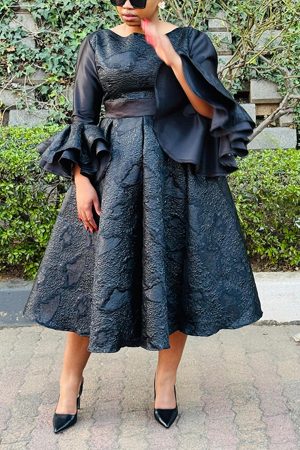 Elegant Trumpet Sleeve Jacquard Dress