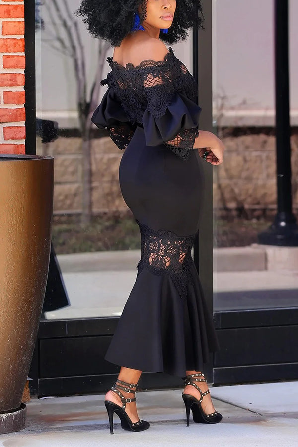 Elegant Lace Panel Ruffled Midi Dress
