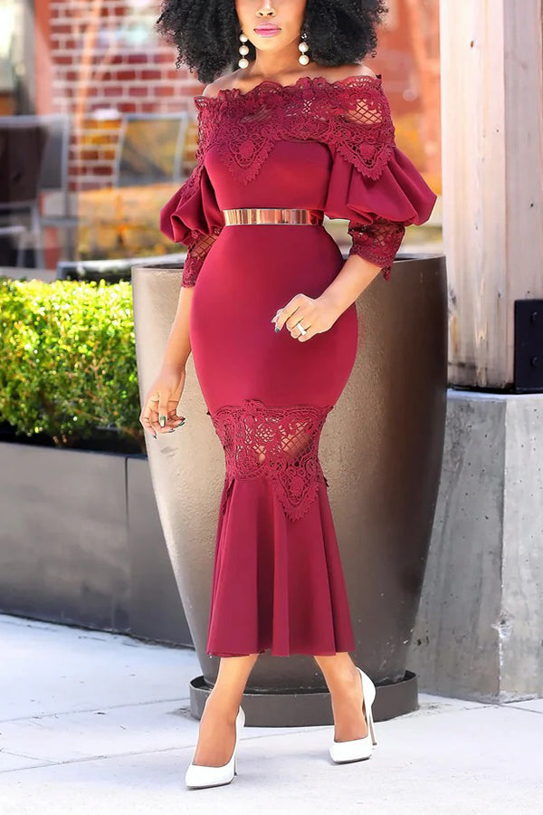 Elegant Lace Panel Ruffled Midi Dress