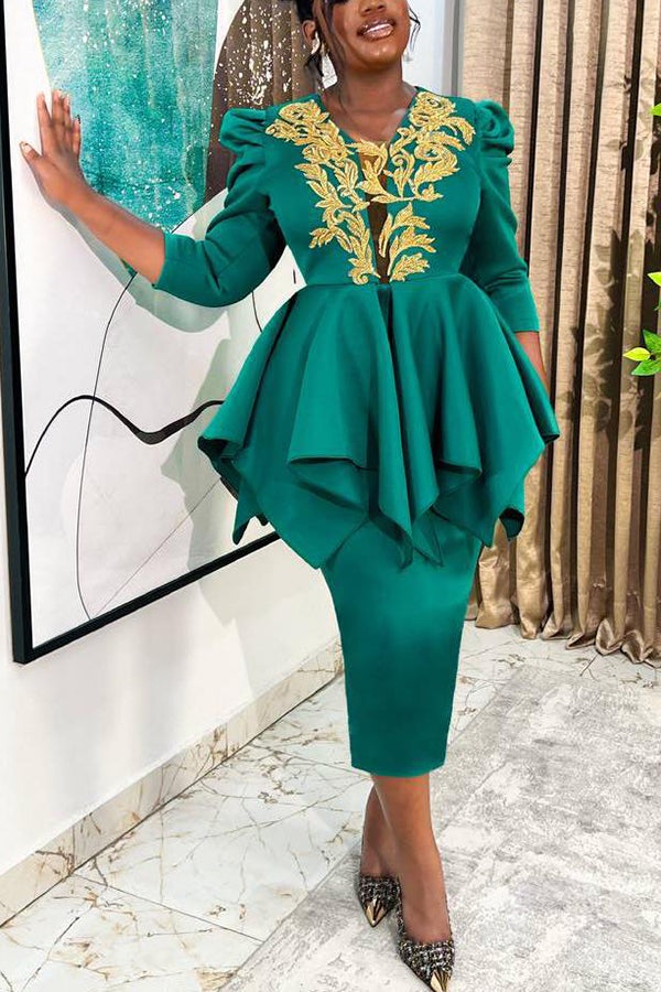 Elegant Irregular Hem Puff Sleeve Skirt Suit
