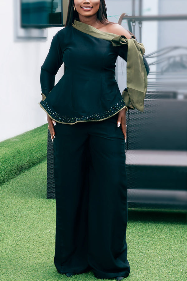 Elegant Colorblock Cold-Shoulder Blouse & Wide-Leg Pants
