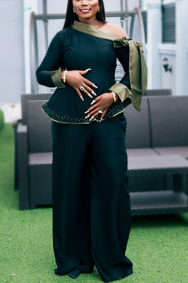 Elegant Colorblock Cold-Shoulder Blouse & Wide-Leg Pants