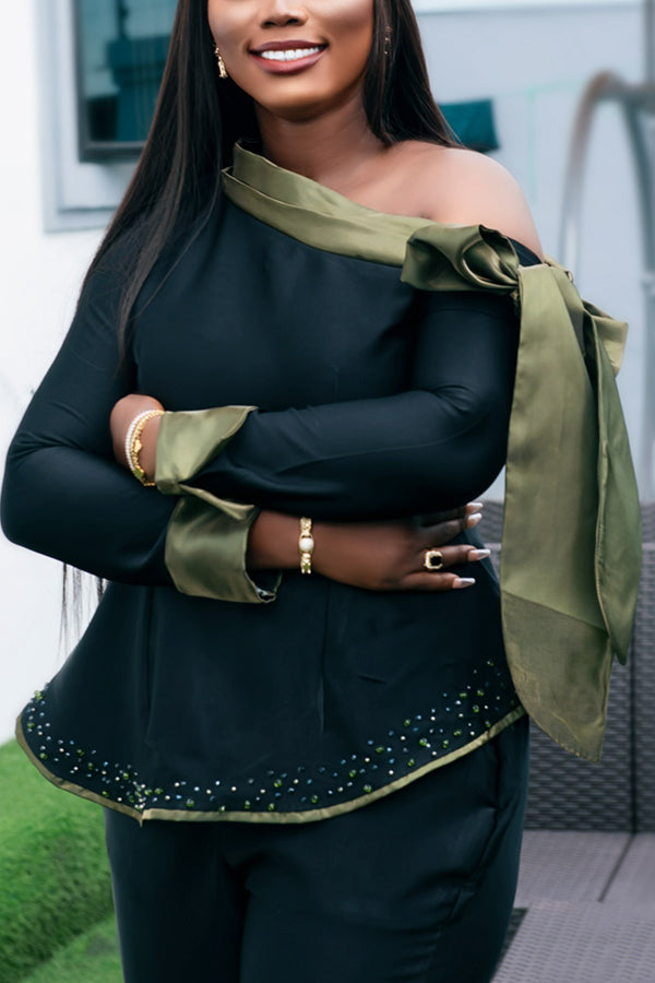 Elegant Colorblock Cold-Shoulder Blouse & Wide-Leg Pants