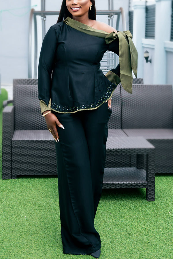 Elegant Colorblock Cold-Shoulder Blouse & Wide-Leg Pants