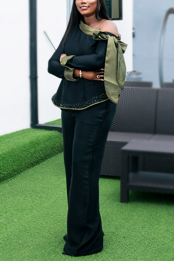 Elegant Colorblock Cold-Shoulder Blouse & Wide-Leg Pants