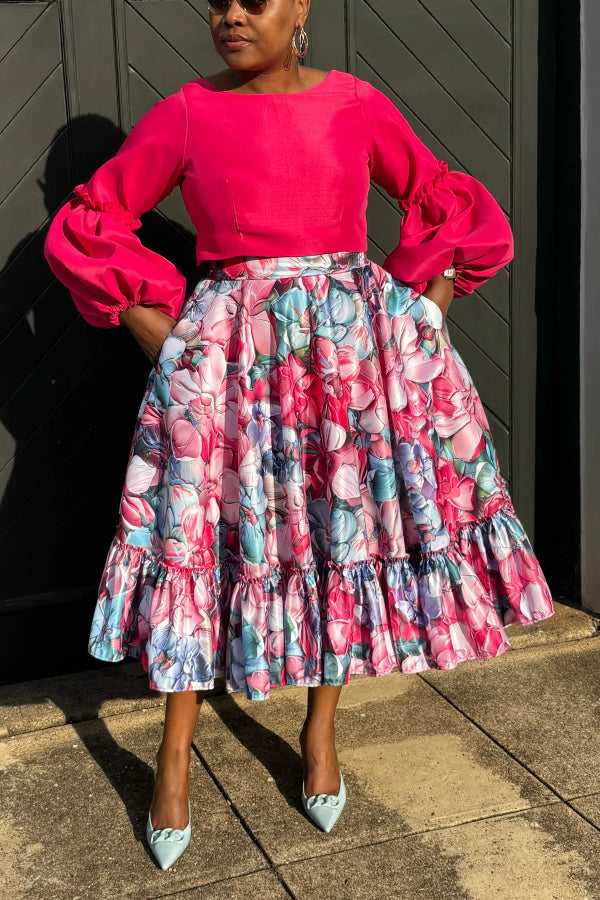 Fashionable Lantern-Sleeve Cropped Top & Floral Ruffled Skirt