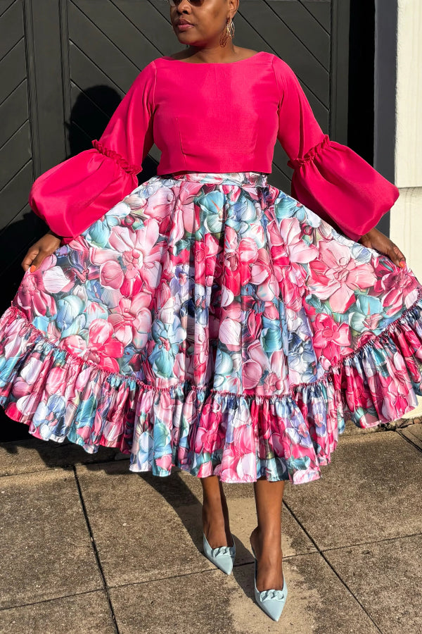 Fashionable Lantern-Sleeve Cropped Top & Floral Ruffled Skirt