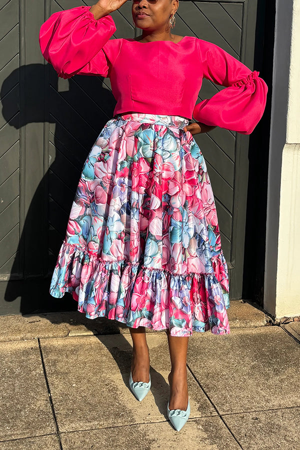 Fashionable Lantern-Sleeve Cropped Top & Floral Ruffled Skirt