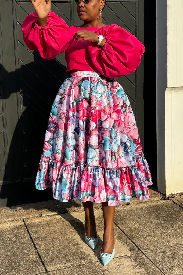 Fashionable Lantern-Sleeve Cropped Top & Floral Ruffled Skirt