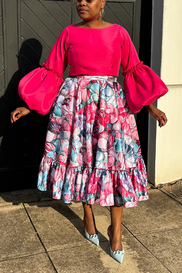 Fashionable Lantern-Sleeve Cropped Top & Floral Ruffled Skirt