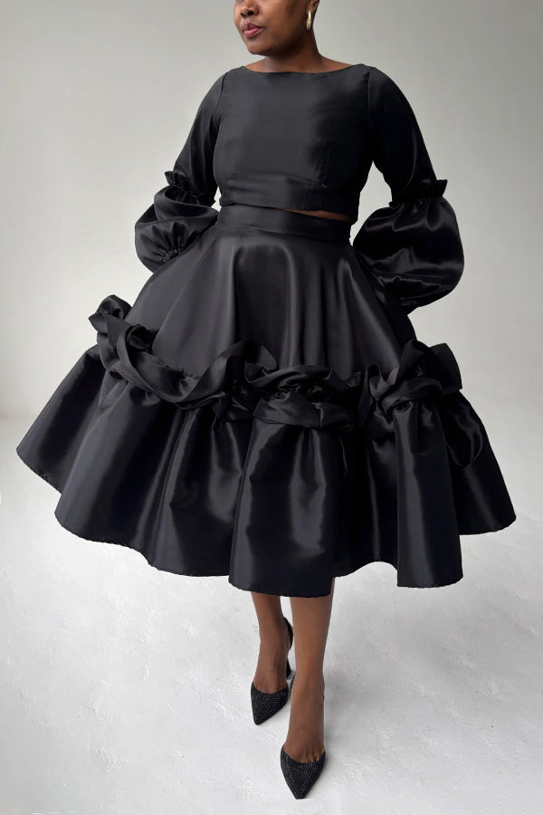Elegant Balloon-Sleeved Cropped Top & Ruffled Skirt