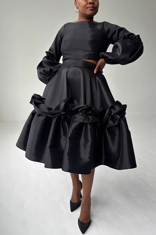 Elegant Balloon-Sleeved Cropped Top & Ruffled Skirt