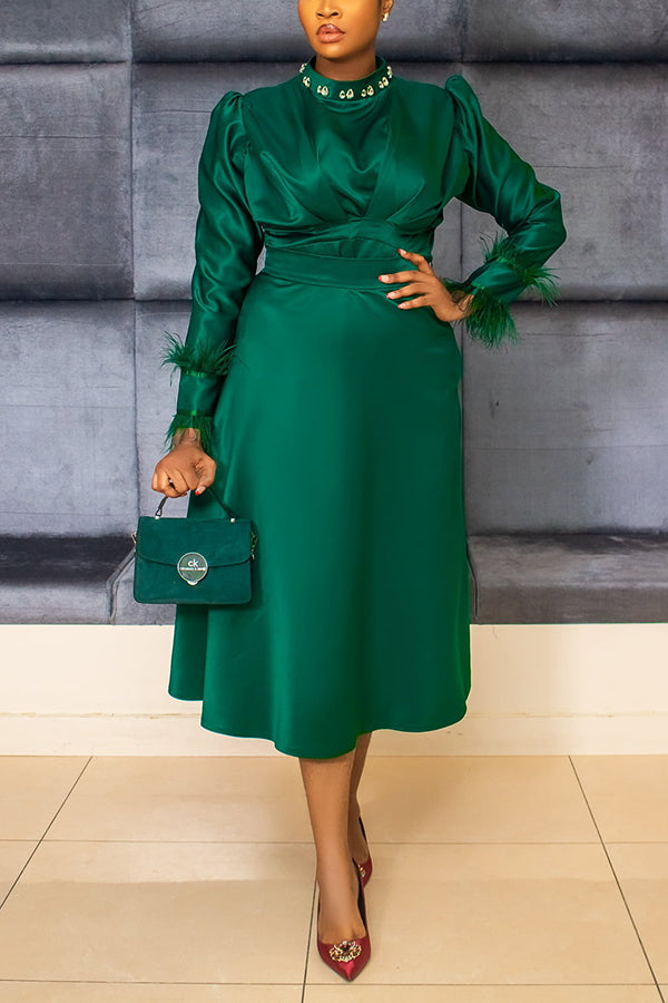 Elegantly Pleated Feather Shirt & A-Line Skirt