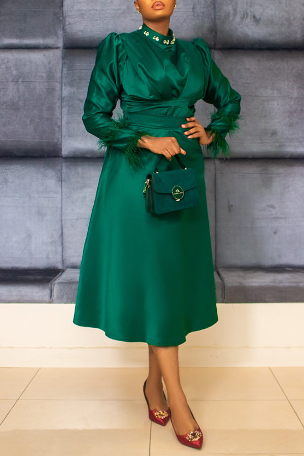 Elegantly Pleated Feather Shirt & A-Line Skirt
