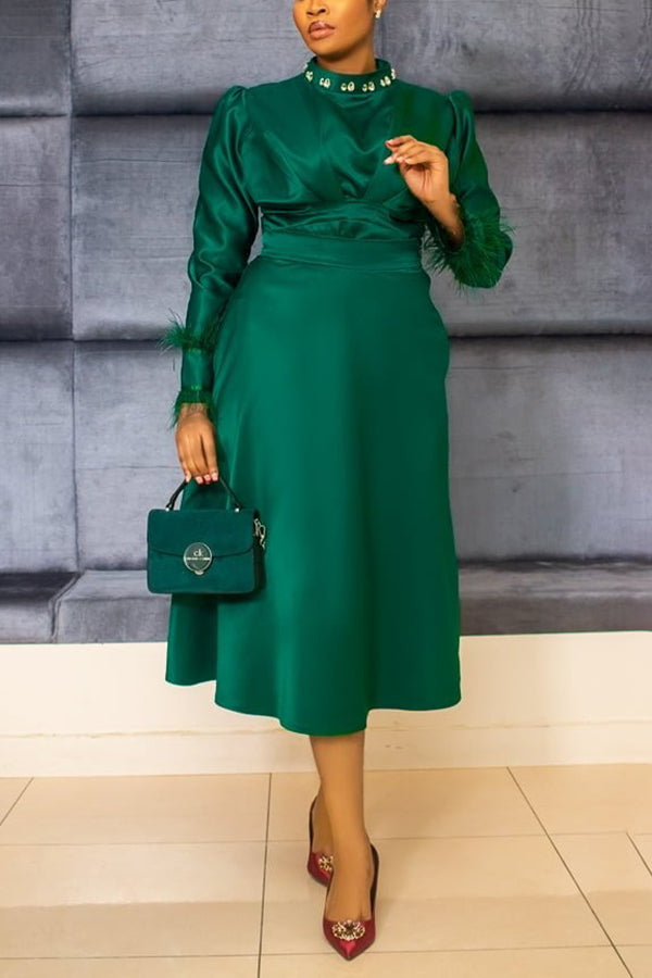 Elegantly Pleated Feather Shirt & A-Line Skirt