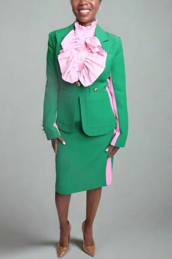 Stylish Colorblock Striped Blazer & Pencil Skirt