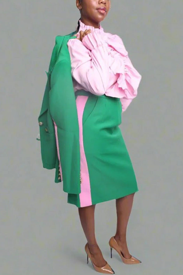 Stylish Colorblock Striped Blazer & Pencil Skirt