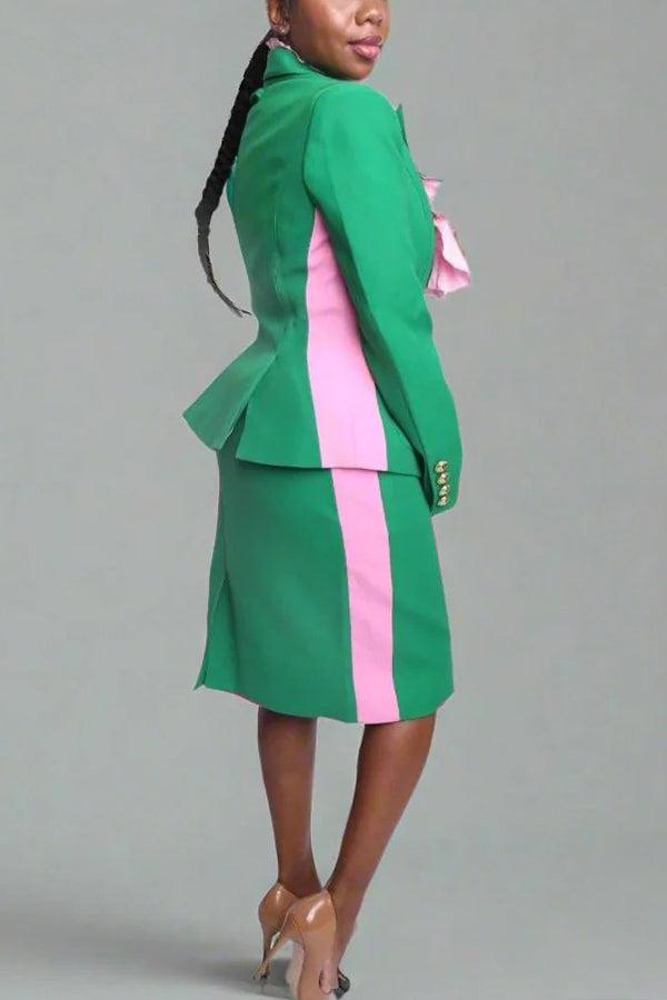 Stylish Colorblock Striped Blazer & Pencil Skirt