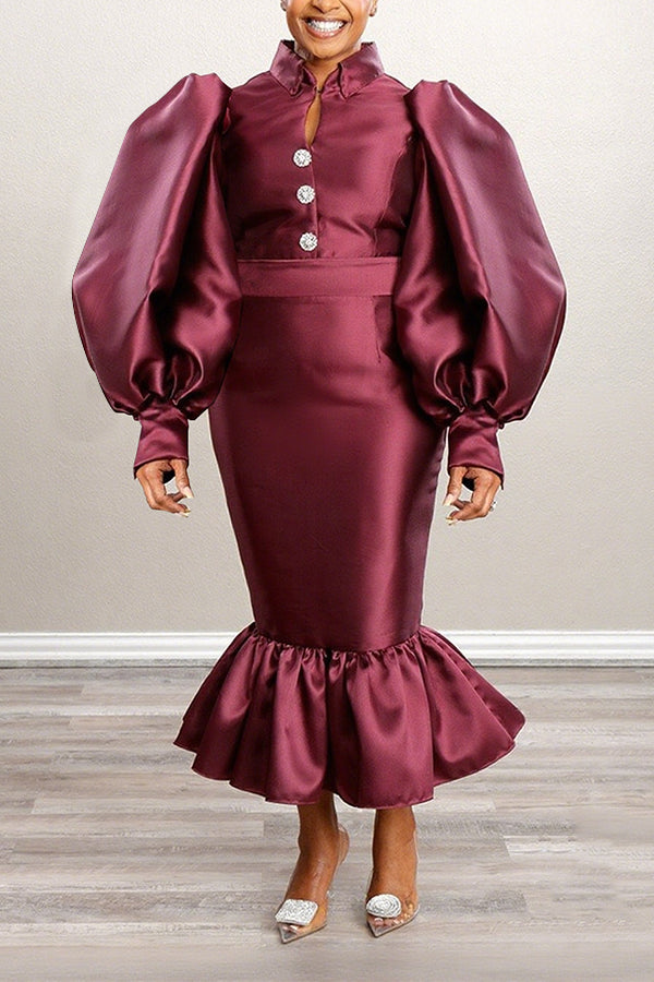 Fashionable Lantern Sleeve Fishtail Midi Dress