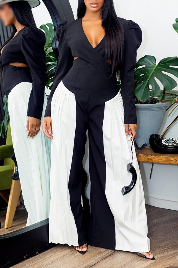 Fashionable Pleated Colorblock Hollow Puff Sleeve Jumpsuit