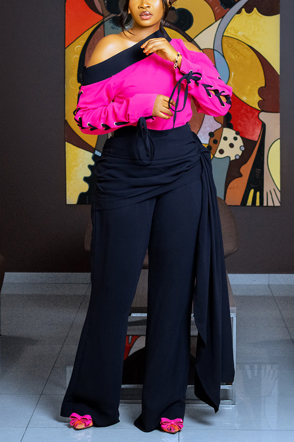 Elegant Colorblock Off-Shoulder Eyelet Shirt & Ruffled Trousers