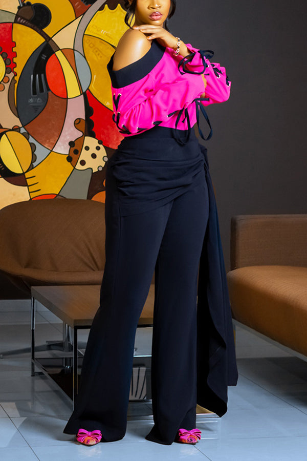 Elegant Colorblock Off-Shoulder Eyelet Shirt & Ruffled Trousers