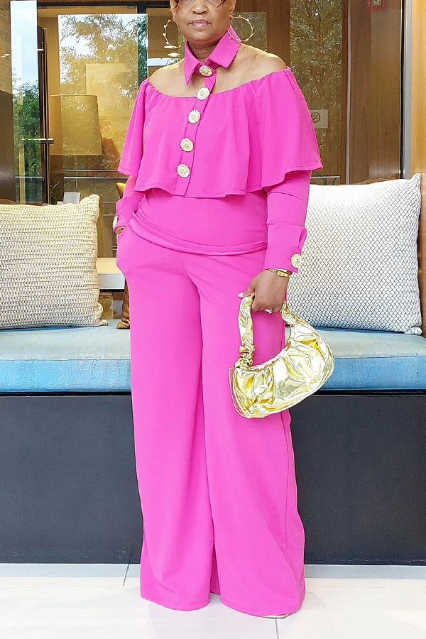Elegant Off-Shoulder Ruffled Top & Wide-Lg Pants