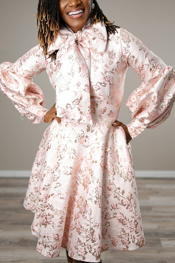 Elegant Jacquard Lantern Sleeve Bow Dress