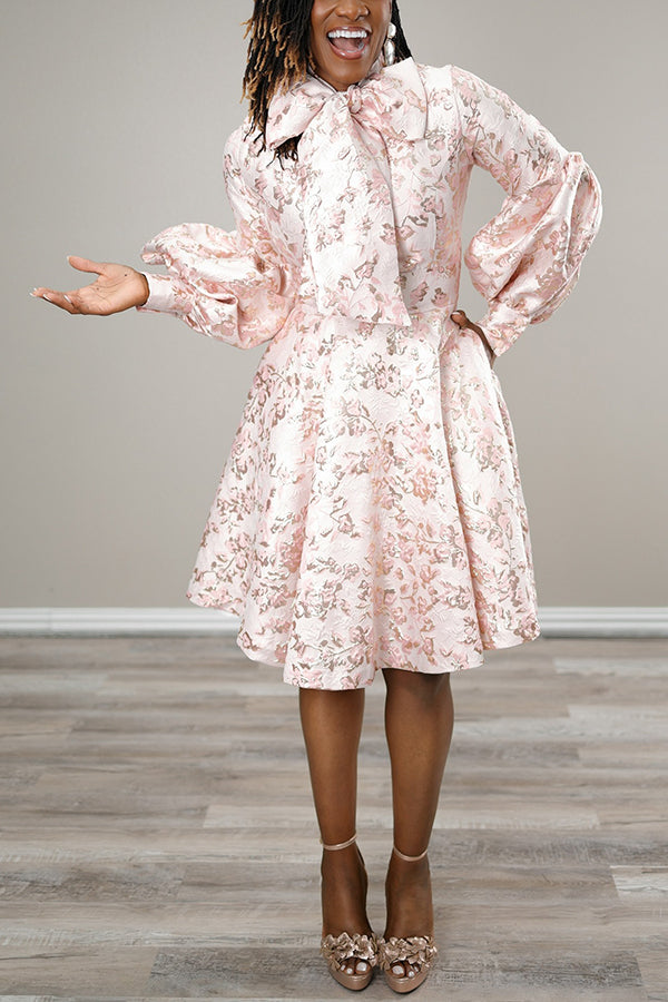 Elegant Jacquard Lantern Sleeve Bow Dress