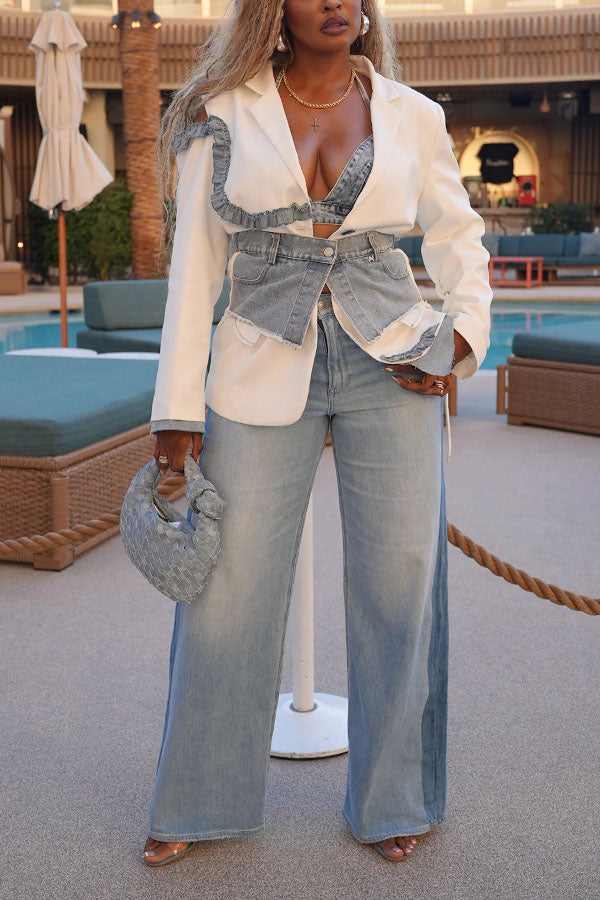 Fashion Denim Patchwork Ruffled Blazer