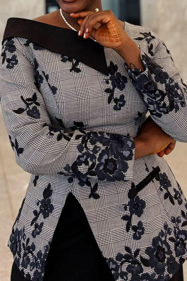 Elegant Floral Houndstooth Asymmetric Blazer