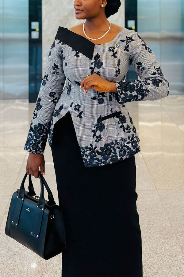 Elegant Floral Houndstooth Asymmetric Blazer