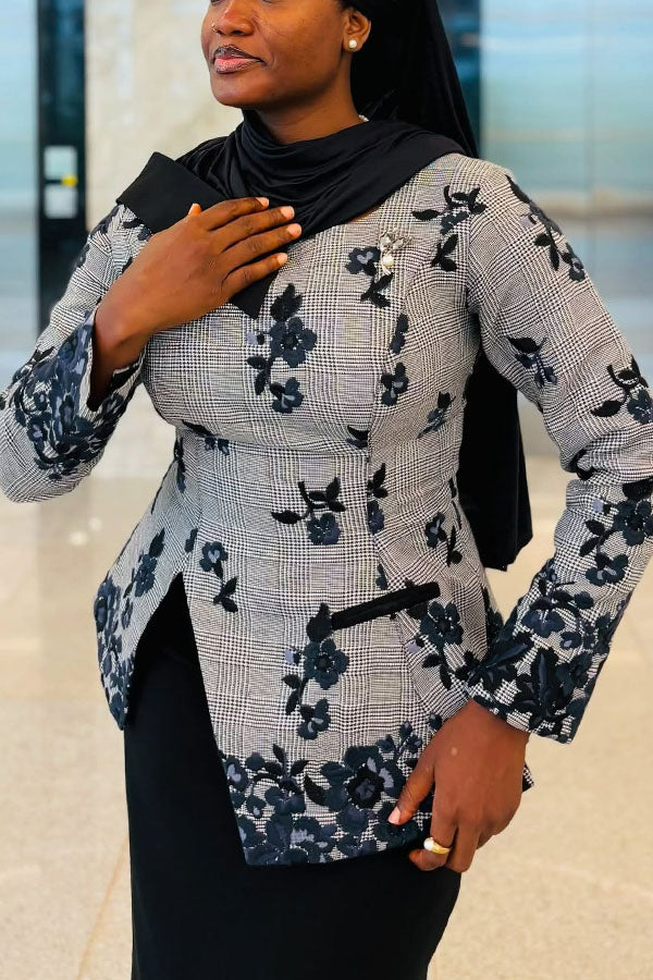 Elegant Floral Houndstooth Asymmetric Blazer