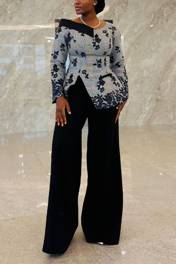 Elegant Floral Houndstooth Asymmetric Blazer