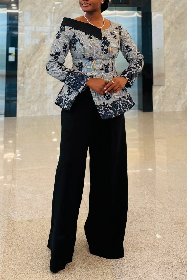 Elegant Floral Houndstooth Asymmetric Blazer