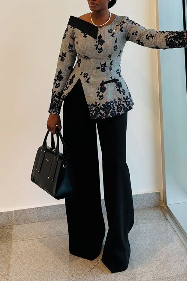 Elegant Floral Houndstooth Asymmetric Blazer
