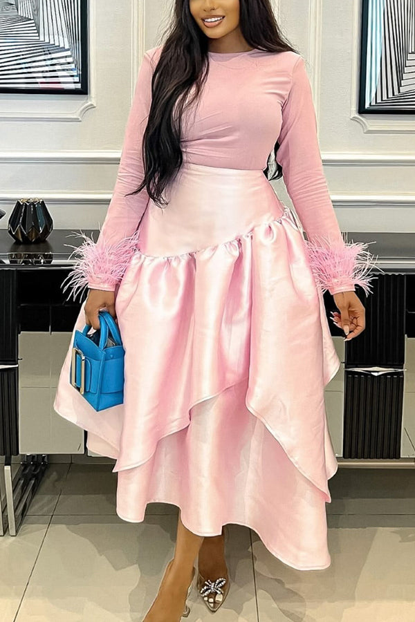 Elegant Feather Cuff Blouse & Layered Skirt