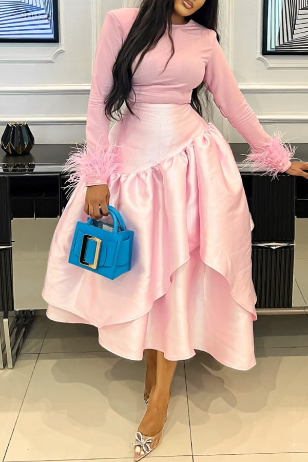 Elegant Feather Cuff Blouse & Layered Skirt