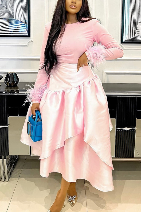 Elegant Feather Cuff Blouse & Layered Skirt