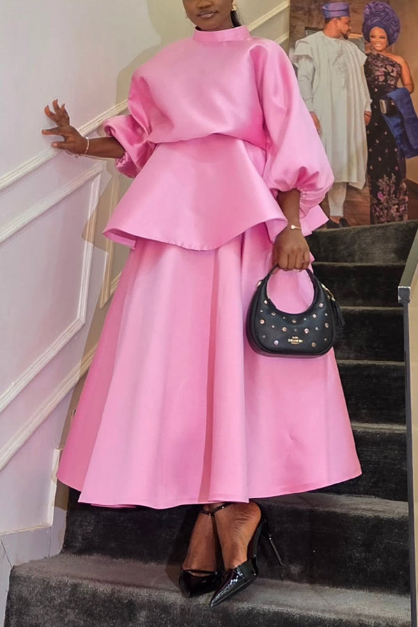 Elegant Satin Balloon Sleeve Top & A-Line Skirt