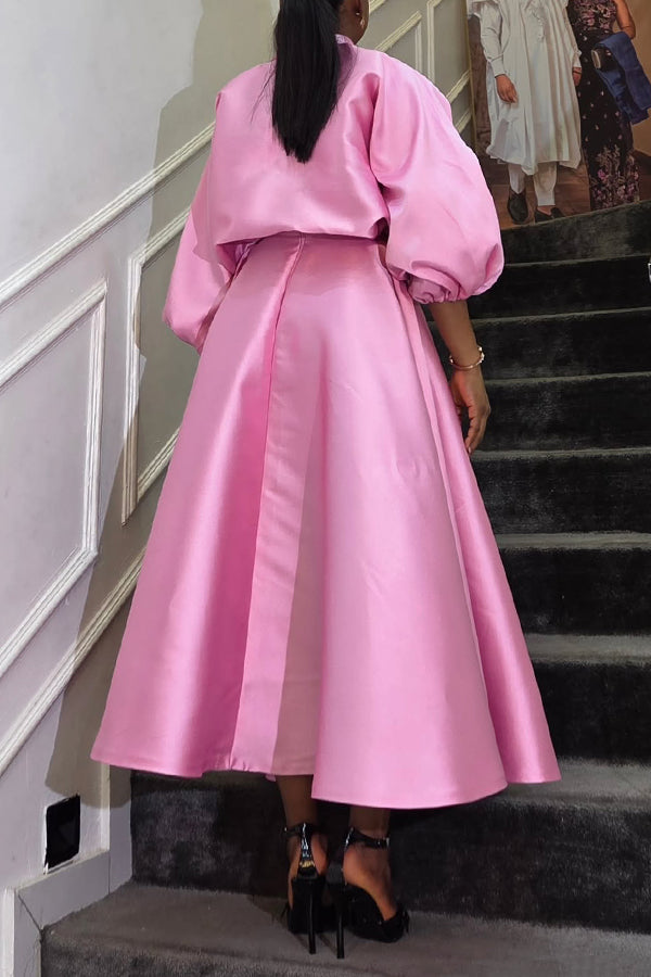 Elegant Satin Balloon Sleeve Top & A-Line Skirt
