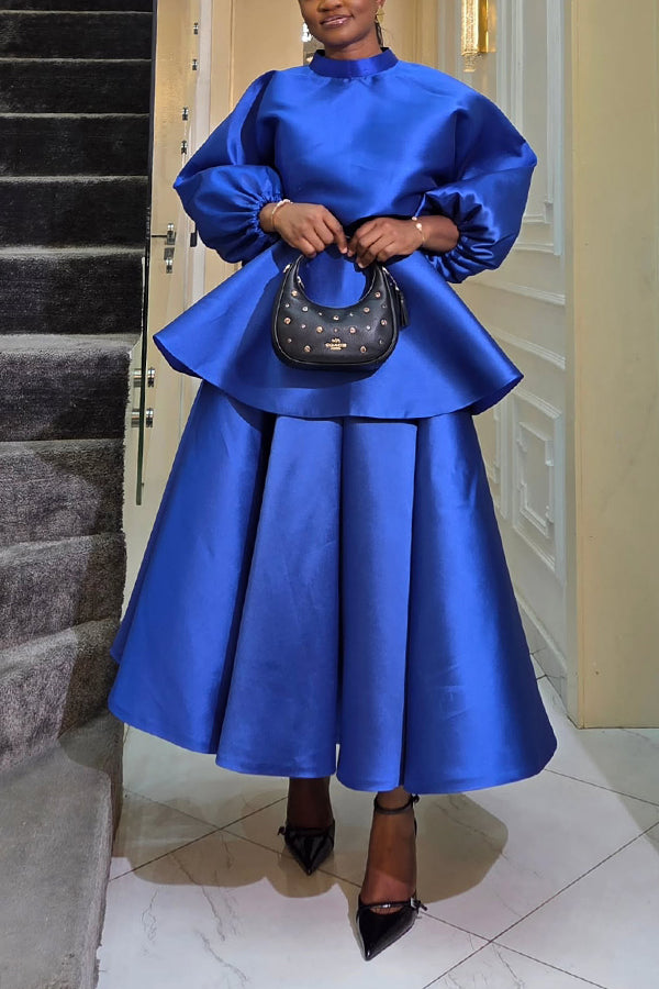Elegant Satin Balloon Sleeve Top & A-Line Skirt