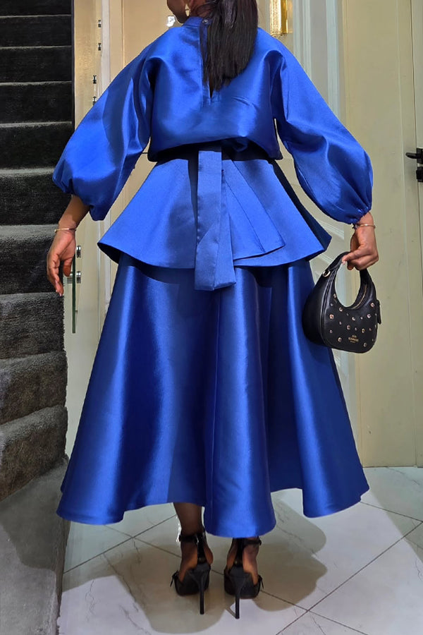 Elegant Satin Balloon Sleeve Top & A-Line Skirt