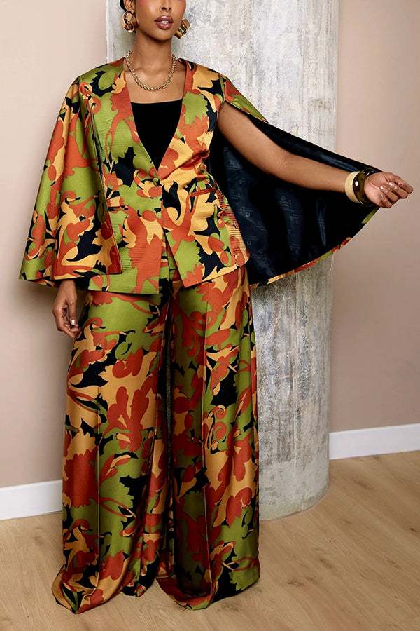 Stylish Printed Cape Blazer & High-Waisted Wide-Leg Pants