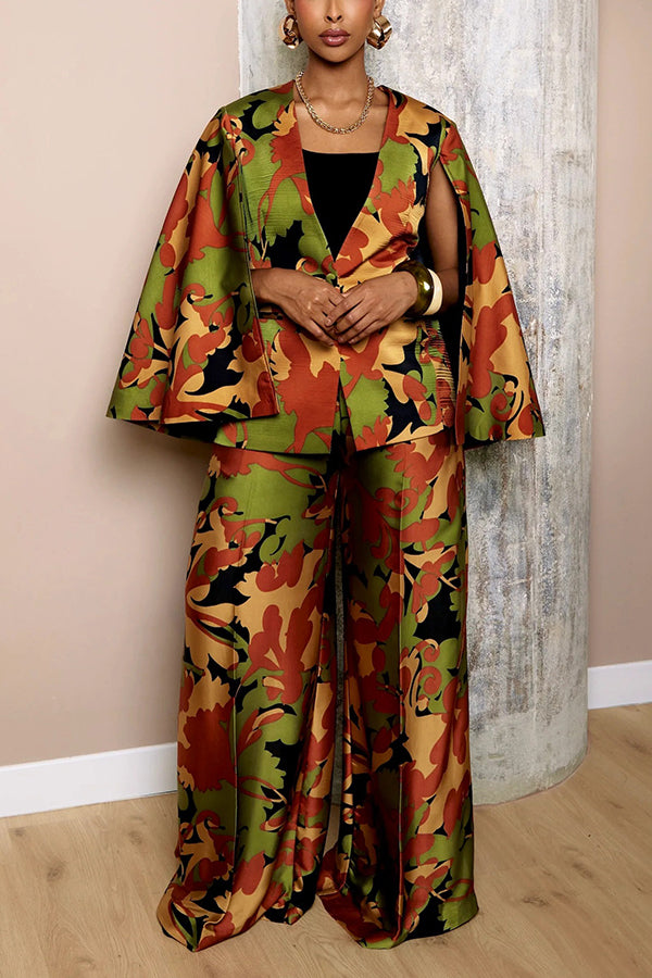 Stylish Printed Cape Blazer & High-Waisted Wide-Leg Pants