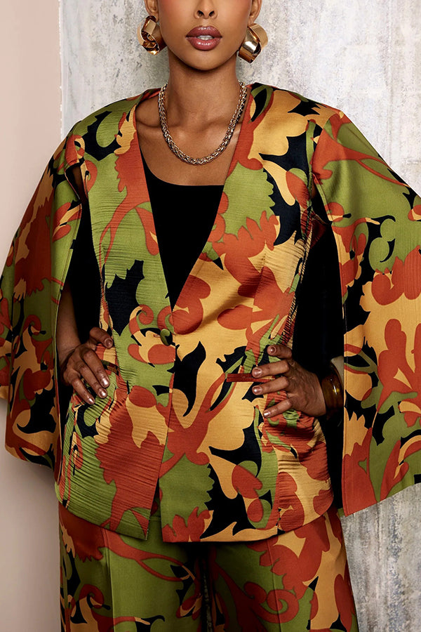 Stylish Printed Cape Blazer & High-Waisted Wide-Leg Pants