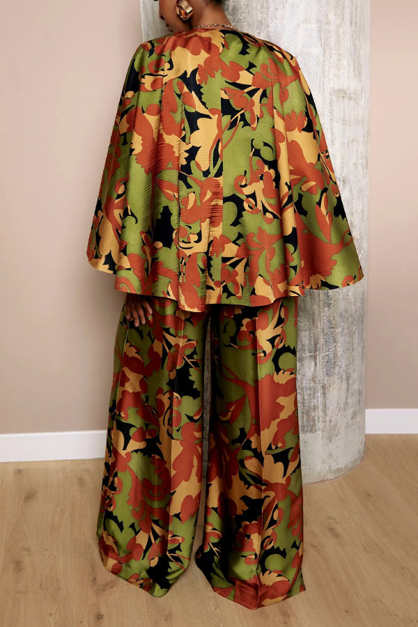 Stylish Printed Cape Blazer & High-Waisted Wide-Leg Pants