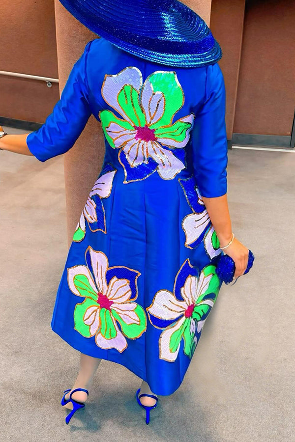 Elegant Flower Sequined Satin Dress